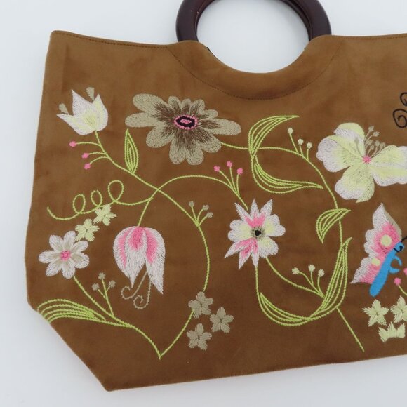 Embroidered Flower Flower Butterfly Tan Faux Suede Wood Handle Tote Bag Handbag - Picture 2 of 9